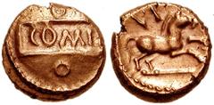 CELTIC, Britain. Atrebates. Verica. Circa 10-40 AD. AV Quarter Stater (1.16 gm). Estimate $400 CELTIC, Britain. Atrebates. Verica. Circa 10-40 AD. AV Quarter Stater (1.16 gm). COMF on tablet, pellet-i