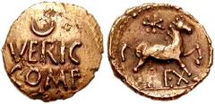 CELTIC, Britain. Atrebates. Verica. Circa 10-42 AD. AV Quarter Stater (1.27 gm). Estimate $400 CELTIC, Britain. Atrebates. Verica. Circa 10-42 AD. AV Quarter Stater (1.27 gm). VERIC COMF; crescent abo