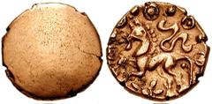CELTIC, Britain. Cantiaci. Circa 45-40 BC. AV Quarter Stater (1.33 gm). Yoke Sunflower Type. Estimate $1500 CELTIC, Britain. Cantiaci. Circa 45-40 BC. AV Quarter Stater (1.33 gm). Yoke Sunflower Type.