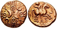 CELTIC, Britain. Catuvellauni. Tasciovanos. Circa 20 BC-10 AD. AV Stater (5.38 gm). Celtic Warrior Type. Estimate $1500 CELTIC, Britain. Catuvellauni. Tasciovanos. Circa 20 BC-10 AD. AV Stater (5.38 g