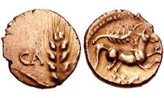 CELTIC, Britain. Catuvellauni & Trinovantes. Cunobelin. Circa 10-41 AD. AV Quarter Stater (1.38 gm). Plastic Type. Estimate $400 CELTIC, Britain. Catuvellauni & Trinovantes. Cunobelin. Circa 10-41 AD.