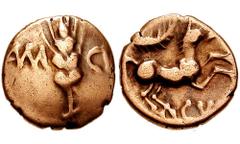 CELTIC, Britain. Catuvellauni & Trinovantes. Cunobelin. Circa 10-41 AD. AV Quarter Stater (1.31 gm). Cam Cvn Type. Estimate $400 CELTIC, Britain. Catuvellauni & Trinovantes. Cunobelin. Circa 10-41 AD.