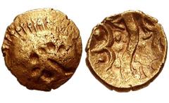 CELTIC, Britain. Corieltauvi. Circa 50-40 BC. AV Quarter Stater (1.44 gm). Lindsey Scyphate Type. Estimate $1000 CELTIC, Britain. Corieltauvi. Circa 50-40 BC. AV Quarter Stater (1.44 gm). Lindsey Scyp