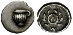 CALABRIA, Tarentum. Circa 466-420 BC. AR Hemiobol (0.33 gm). Estimate $500 CALABRIA, Tarentum. Circa 466-420 BC. AR Hemiobol (0.33 gm). One handled jug (kyathos) / P within laurel wreath; monogram bel