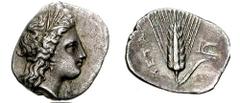 LUCANIA, Metapontion. Circa 330-290 BC. AR Triobol (0.83 gm). Estimate $400 LUCANIA, Metapontion. Circa 330-290 BC. AR Triobol (0.83 gm). Wreathed head of Demeter right / Six-grained barley ear with l