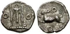 BRUTTIUM, Kroton. Circa 460-440 BC. AR Diobol (0.76 gm). Estimate $400  BRUTTIUM, Kroton. Circa 460-440 BC. AR Diobol (0.76 gm). Tripod, legs terminating in lion's feet, O to either side / Hare spring