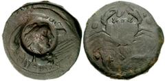 SICILY, Akragas. Circa 405-392 BC. Æ Hemilitron (23.47 gm). Estimate $300 SICILY, Akragas. Circa 405-392 BC. Æ Hemilitron (23.47 gm). Countermark of the head of young Herakles right in 15mm circle, on