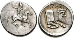 SICILY, Gela. Circa 490/485-480/475 BC. AR Didrachm (8.61 gm). Estimate $2000  SICILY, Gela. Circa 490/485-480/475 BC. AR Didrachm (8.61 gm). Horseman, wearing conical cap, on mount galloping right, b