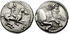 SICILY, Gela. Circa 490/485-480/475 BC. AR Didrachm (8.48 gm). Estimate $2500 SICILY, Gela. Circa 490/485-480/475 BC. AR Didrachm (8.48 gm). Horseman, wearing conical cap, on mount galloping right, br