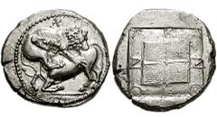 MACEDON, Akanthos. Circa 430-390 BC. AR Tetradrachm (14.49 gm). Estimate $2000 MACEDON, Akanthos. Circa 430-390 BC. AR Tetradrachm (14.49 gm). Lion, right, attacking bull kneeling to left; reversed sw