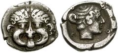 MACEDON, Neapolis. 424-350 BC. AR Triobol (2.01 gm). Phoenician standard. Estimate $200 MACEDON, Neapolis. 424-350 BC. AR Triobol (2.01 gm). Phoenician standard. Gorgoneion / Head of a nymph right. AM