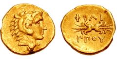 KINGS of MACEDON. Philip II. 359-336 BC. AV 1/8th Stater (1.06 gm). Pella mint. Struck circa 340-328 BC. Estimate $400  KINGS of MACEDON. Philip II. 359-336 BC. AV 1/8th Stater (1.06 gm). Pella mint. 