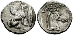 SCYTHIA, The Sindi. Circa 425-400 BC. AR Diobol (1.07 gm). Estimate $500  SCYTHIA, The Sindi. Circa 425-400 BC. AR Diobol (1.07 gm). Griffin seated right, barley grain before / Horse's head right in i