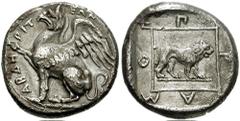 THRACE, Abdera. Circa 411-386 BC. AR Didrachm (6.18 gm). Magistrate Orchamos. Estimate $750 THRACE, Abdera. Circa 411-386 BC. AR Didrachm (6.18 gm). Magistrate Orchamos. Griffin seated left, right for