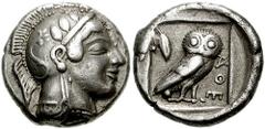 ATTICA, Athens, Circa 475-465 BC. AR Didrachm (8.49 gm). Estimate $15000  ATTICA, Athens, Circa 475-465 BC. AR Didrachm (8.49 gm). Head of Athena right, wearing crested Attic helmet decorated with thr