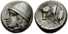 BOSPOROS, Phanagoria. Circa 4th century BC. AR Diobol (1.71 gm). Estimate $400  BOSPOROS, Phanagoria. Circa 4th century BC. AR Diobol (1.71 gm). Male head left wearing pileus / Bull's head left; barle