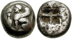 ISLANDS off IONIA. Chios. Circa 431-412 BC. AR Didrachm (7.83 gm). Estimate $500 ISLANDS off IONIA. Chios. Circa 431-412 BC. AR Didrachm (7.83 gm). Sphinx seated left; grapes and amphora before / Quad