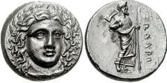 SATRAPS of CARIA. Pixodaros. 340-334 BC. AR Didrachm (6.75 gm). Estimate $300 SATRAPS of CARIA. Pixodaros. 340-334 BC. AR Didrachm (6.75 gm). Laureate head of Apollo facing slightly right / Zeus Labra
