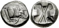 DYNASTS of LYCIA. Uncertain Dynast. Circa 500-475 BC. AR Stater (8.98 gm). Estimate $300 DYNASTS of LYCIA. Uncertain Dynast. Circa 500-475 BC. AR Stater (8.98 gm). Forepart of boar right / Crossed lin