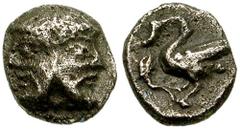 CILICIA, Mallos. Circa 425-385 BC. AR Hemiobol (0.32 gm). Estimate $100 CILICIA, Mallos. Circa 425-385 BC. AR Hemiobol (0.32 gm). Bearded janiform head / Swan left; lotus flower before. SNG Levante 13
