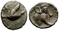 CILICIA, Mallos. Circa 425-385 BC. AR Tetartemorion (0.20 gm). Estimate $150 CILICIA, Mallos. Circa 425-385 BC. AR Tetartemorion (0.20 gm). Swan left / Head of man-headed bull right. SNG Levante 140 (