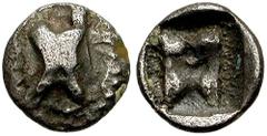 CILICIA, Uncertain. Circa 4th century BC. AR Tetartemorion (0.22 gm). Estimate $100 CILICIA, Uncertain. Circa 4th century BC. AR Tetartemorion (0.22 gm). Astragalos / Astragalos in incuse square. SNG 