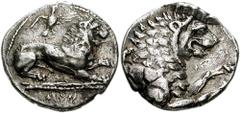 CYPRUS, Amathos. Zotimos. AR Stater-Didrachm (6.32 gm). Estimate $3000  CYPRUS, Amathos. Zotimos. AR Stater-Didrachm (6.32 gm). Lion reclining right, paw raised; eagle flying right above / Forepart of