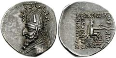 KINGS of PARTHIA. Sinatrukes. 93/2-70/69 BC. AR Drachm (4.09 gm). Rhagae mint. Estimate $200 KINGS of PARTHIA. Sinatrukes. 93/2-70/69 BC. AR Drachm (4.09 gm). Rhagae mint. Diademed bust left, wearing 