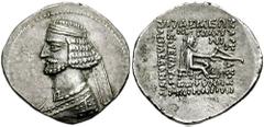 KINGS of PARTHIA. Mithradates IV. 58/7 - 54/3 BC. AR Drachm (4.12 gm). Nisa mint. Estimate $400 KINGS of PARTHIA. Mithradates IV. 58/7 - 54/3 BC. AR Drachm (4.12 gm). Nisa mint. Diademed bust left / A