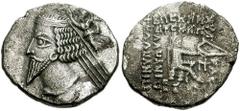 KINGS of PARTHIA. Phraates IV. 38-2 BC. AR Drachm (3.45 gm). Rhagae mint. Estimate $300 KINGS of PARTHIA. Phraates IV. 38-2 BC. AR Drachm (3.45 gm). Rhagae mint. Diademed bust left, wart on forehead; 