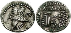 KINGS of PARTHIA. Mithradates V. 140 AD. AR Drachm (3.80 gm). Ekbatana mint. Estimate $150 KINGS of PARTHIA. Mithradates V. 140 AD. AR Drachm (3.80 gm). Ekbatana mint. Diademed bust left, long pointed