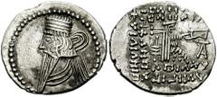 KINGS of PARTHIA. Unknown king. 140 AD. AR Drachm (3.32 gm). Ekbatana mint. Estimate $1000 KINGS of PARTHIA. Unknown king. 140 AD. AR Drachm (3.32 gm). Ekbatana mint. Diademed bust left, long pointed 