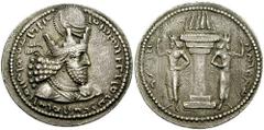 SASANIAN KINGS of PERSIA. Shahpur I. 241-272 AD. AR Drachm (4.13 gm). Estimate $200 SASANIAN KINGS of PERSIA. Shahpur I. 241-272 AD. AR Drachm (4.13 gm). Crowned and cuirassed bust right; crown withou