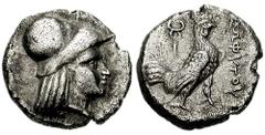BAKTRIA. Sophytes. Circa 305-294 BC. AR Diobol (1.11 gm). Local standard. Estimate $300  BAKTRIA. Sophytes. Circa 305-294 BC. AR Diobol (1.11 gm). Local standard. Head of Athena right, wearing Corinth
