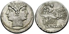 Anonymous. Circa 225-214 BC. AR Didrachm - Quadrigatus (6.69 gm). Rome mint. Estimate $1000 Anonymous. Circa 225-214 BC. AR Didrachm - Quadrigatus (6.69 gm). Rome mint. Laureate head of Janus; curved 