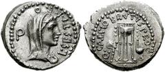 BRUTUS. Summer 42 BC. AR Denarius 3.48 gm). Military mint moving with Brutus and Cassius in the East; L Sestius, proquaestor. Estimate $2000  BRUTUS. Summer 42 BC. AR Denarius 3.48 gm). Military mint 