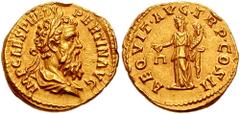 PERTINAX. 193 AD. AV Aureus (7.34 gm). Estimate $15000 PERTINAX. 193 AD. AV Aureus (7.34 gm). IMP CAES P. HELV PERTIN AVG, laureate and draped bust right / AEQVIT AVG TR P COS II, Aequitas standing le