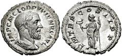 PUPIENUS. 238 AD. AR Denarius (3.11 gm). Estimate $400 PUPIENUS. 238 AD. AR Denarius (3.11 gm). Laureate, draped, and cuirassed bust right, seen from behind / Felicitas standing facing, head left, hol