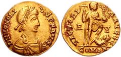 HONORIUS. 393-423 AD. AV Solidus (4.20 gm). Ravenna mint. Struck after 408 AD. Estimate $400 HONORIUS. 393-423 AD. AV Solidus (4.20 gm). Ravenna mint. Struck after 408 AD. Pearl diademed, draped, and 