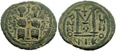 ARAB-BYZANTINE. In the style of Justin II. After 641 AD. Æ Follis (10.49 gm). Scythopolis (Beth Shan) mint. Estimate $750 ARAB-BYZANTINE. In the style of Justin II. After 641 AD. Æ Follis (10.49 gm). 
