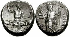 CILICIA, Soloi. Tiribazos, Satrap of Lydia. Second reign, 388-380 BC. AR Stater (20mm, 10.34 gm). Struck 386-380 BC. Ahura-Mazda, body terminated by solar disk, holding wreath and lotus blossom / Baal