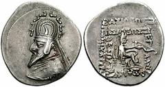 KINGS of PARTHIA. Sinatrukes. 93/2-70/69 BC. AR Drachm (21mm, 4.03 gm). Rhagae mint. Diademed bust left, wearing tiara; neck torque ends in pellet / Arsakes I seated right on throne, holding bow. Sell