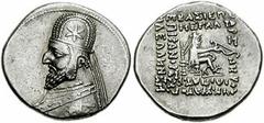 KINGS of PARTHIA. Mithradates III. 87 - 80/79 BC. AR Drachm (20mm, 4.20 gm). Rhagae mint. Diademed bust left, wearing tiara; neck torque ends in pellet / Arsakes I seated right on throne, holding bow.