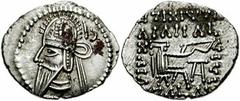 KINGS of PARTHIA. Vologases VI. 208-228 AD. AR Drachm (20mm, 3.74 gm). Ekbatana mint. Diademed bust left, long pointed beard, wearing tiara with earflap; abbreviated name in Parthian script behind / A