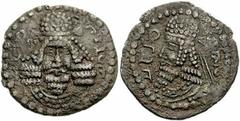 KINGS of PERSIS. Artaxerxes (Ardashir) V. Circa 209-224 AD. AR Drachm (22mm, 3.59 gm). Mint A ("Stakhr"). Bearded facing head, wearing diadem and Parthian-style tiara with pellet-in-crescent / Bearded