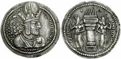 SASANIAN KINGS of PERSIA. Shahpur I. 241-272 AD. AR Drachm (28mm, 4.15 gm). Crowned and cuirassed bust right / Fire altar with attendants; pellet to left of flames. Göbl I/1; Alram 689. EF/Near EF, at
