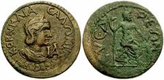 CILICIA, Syedra. Salonina, wife of Gallienus. Augusta, 254-268 AD. Æ 29mm [11 Assaria] (18.91 gm). Diademed and draped bust right; IA (value) before / Bearded god seated right, holding spear and shiel