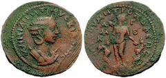 CILICIA, Tarsus. Herennia Etruscilla, wife of Trajan Decius. Augusta, 249-251 AD. Æ 31mm (13.69 gm). Diademed and draped bust right, set on crescent / Cultus-statue of Apollo Lykeios standing on ompha