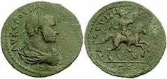 CILICIA, Tarsus. Volusian. 251-253 AD. Æ 31mm (20.45 gm). Laureate, draped, and cuirassed bust right / Emperor on horseback galloping right, arm raised; in field, AMKΓB. SNG Levante 1178 (this coin). 