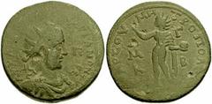 CILICIA. Tarsus. Valerian I. 253-260 AD. Æ 35mm (32.53 gm). Radiate, draped, and cuirassed bust right; in field, ΠΠ / Helios standing left, holding globe, raising right hand; in field, AMKΓB. SNG Leva